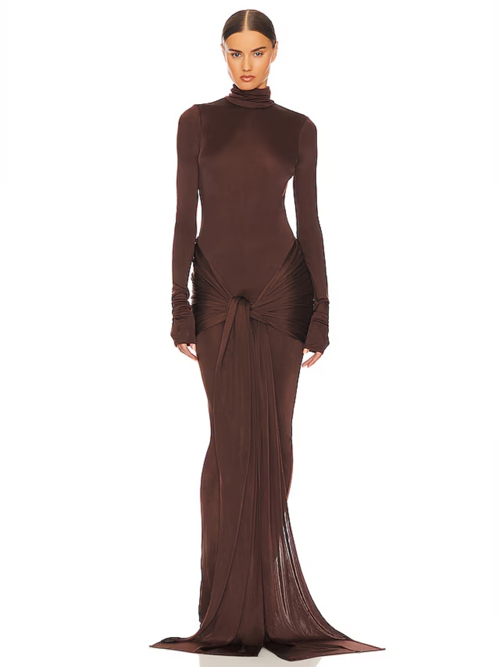 NWT! Helsa Slinky Jersey Sarong Maxi Dress in Chocolate Brown